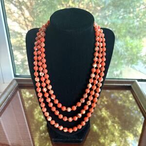 Vintage Orange Stone Bead Necklace | Triple Strand Boho Statement Jewelry